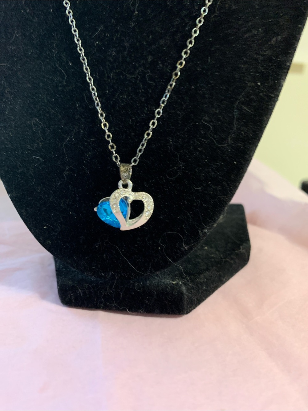 Silver-Tone Heart Pendant Necklace with Blue Crystal Accent